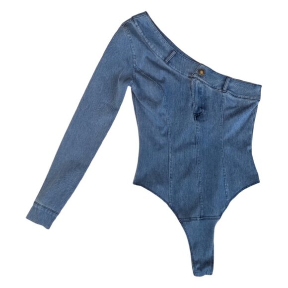 JuxLabel Women's One Shoulder Denim Bodysuit Medium Wash - Picture 2 of 7